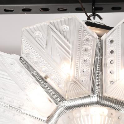 Jules Leleu Art Deco Frosted Glass Cubist Geometric Detail Fluted Chandelier Signed Leleu
