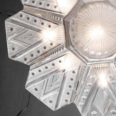 Jules Leleu Art Deco Frosted Glass Cubist Geometric Detail Fluted Chandelier Signed Leleu