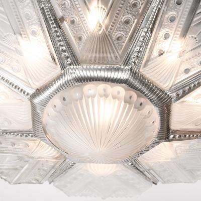 Jules Leleu Art Deco Frosted Glass Cubist Geometric Detail Fluted Chandelier Signed Leleu