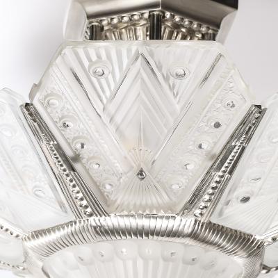 Jules Leleu Art Deco Frosted Glass Cubist Geometric Detail Fluted Chandelier Signed Leleu