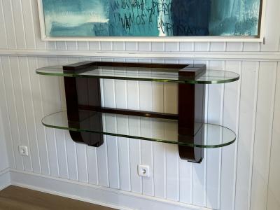 Jules Leleu Art Deco Wall Console by Jules Leleu Signed Wood and Thick Glass circa 1935