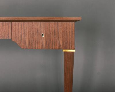 Jules Leleu Jules Leleu A French 1950s 3 Drawer Walnut Writing Table with Brass Details