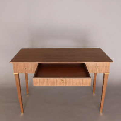 Jules Leleu Jules Leleu A French 1950s 3 Drawer Walnut Writing Table with Brass Details