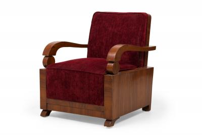 Jules Leleu Jules Leleu Art Deco French Rosewood Open Armchair in Burgundy Red Upholstery
