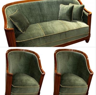 Jules Leleu Jules Leleu Vintage French Art Deco Sofa Suite with Pair of Chairs Restored