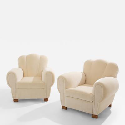 Jules Leleu Jules Leleu pair of club armchairs white mohair velvet 1940s