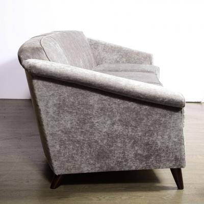 Jules Leleu Mid Century Modern Sofa in Smoked Pewter Velvet Ebonized Walnut by Jules Leleu