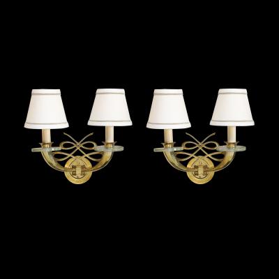 Jules Leleu Pair of Art Deco Jules Leleu Polished Brass Glass Ribbon Sconces