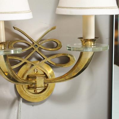 Jules Leleu Pair of Art Deco Jules Leleu Polished Brass Glass Ribbon Sconces