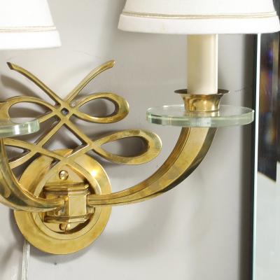 Jules Leleu Pair of Art Deco Jules Leleu Polished Brass Glass Ribbon Sconces