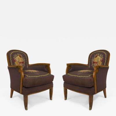 Jules Leleu Pair of French Art Deco Armchairs Bergeres with Tapestry Upholstery