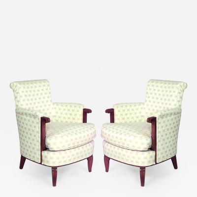 Jules Leleu Pair of French Art Deco Mahogany Bergere Armchairs