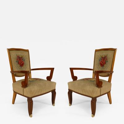 Jules Leleu Pair of French Art Deco Mahogany Open Armchairs