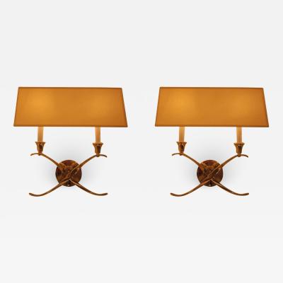 Jules Leleu Pair of French Mid Century Style Solid Brass Modern Neoclassical Wall Sconces