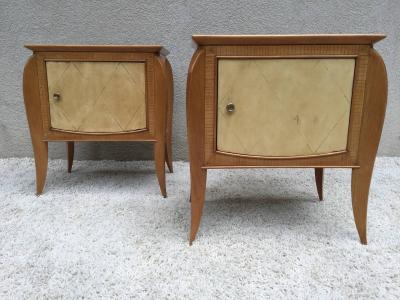 Jules Leleu Pair of French Parchment Sycamore End Tables or Nightstands Jules Leleu Style