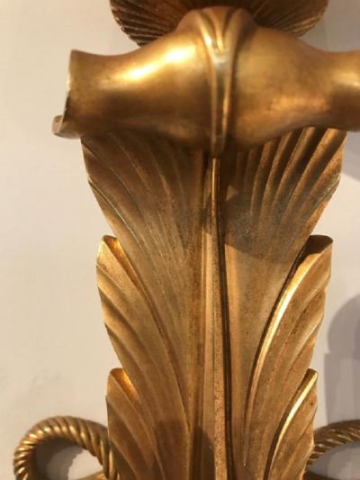 Jules Leleu Rare and elegant pair of art deco gilt bronze sconces by Jules Leleu