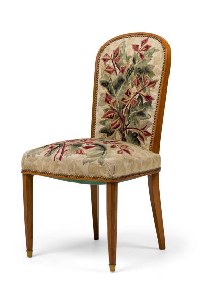 Jules Leleu Set of 10 Jules Leleu French Modern Fruitwood Tapestry Dining Chairs