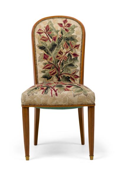 Jules Leleu Set of 10 Jules Leleu French Modern Fruitwood Tapestry Dining Chairs
