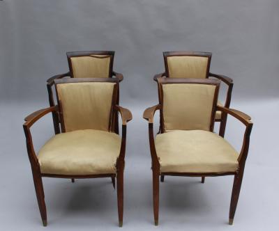 Jules Leleu Set of 4 Fine French Art Deco Walnut Bridge Armchairs by Jules Leleu