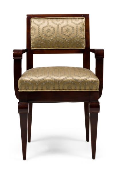 Jules Leleu Set of 6 Jules Leleu Amboyna Gold Geometric Fabric Upholstered Armchairs