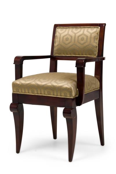 Jules Leleu Set of 6 Jules Leleu Amboyna Gold Geometric Fabric Upholstered Armchairs