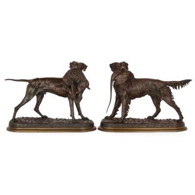 Jules Moigniez Pair of large patinated bronze hunting dog models by Moigniez