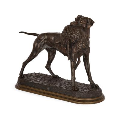 Jules Moigniez Pair of large patinated bronze hunting dog models by Moigniez