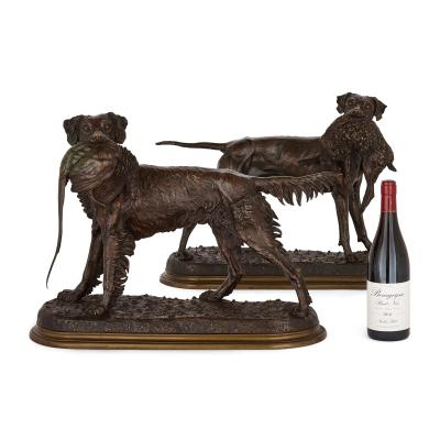 Jules Moigniez Pair of large patinated bronze hunting dog models by Moigniez