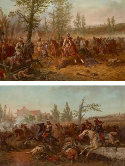 Jules van Imschoot Pair of large oil paintings of battle scenes by van Imschoot