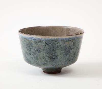 Juliette Derel Juliette Derel Rivier Round Ceramic Blue Dish on Raised Foot France c 1950s