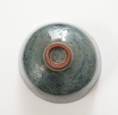 Juliette Derel Juliette Derel Rivier Round Ceramic Blue Dish on Raised Foot France c 1950s