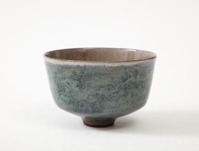 Juliette Derel Juliette Derel Rivier Round Ceramic Blue Dish on Raised Foot France c 1950s