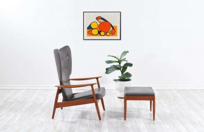 K Rasmussen Leather Teak Wingback Lounge Chair with Ottoman