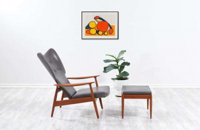 K Rasmussen Leather Teak Wingback Lounge Chair with Ottoman