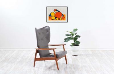 K Rasmussen Leather Teak Wingback Lounge Chair with Ottoman