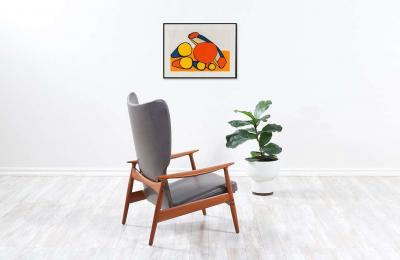 K Rasmussen Leather Teak Wingback Lounge Chair with Ottoman