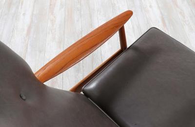 K Rasmussen Leather Teak Wingback Lounge Chair with Ottoman