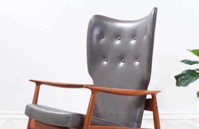 K Rasmussen Leather Teak Wingback Lounge Chair with Ottoman