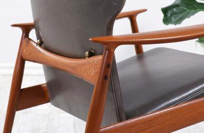 K Rasmussen Leather Teak Wingback Lounge Chair with Ottoman