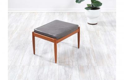 K Rasmussen Leather Teak Wingback Lounge Chair with Ottoman