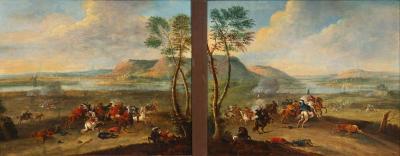 KAREL BREYDEL Cavalry Battling by the River a Pair Circle of Karel Breydel