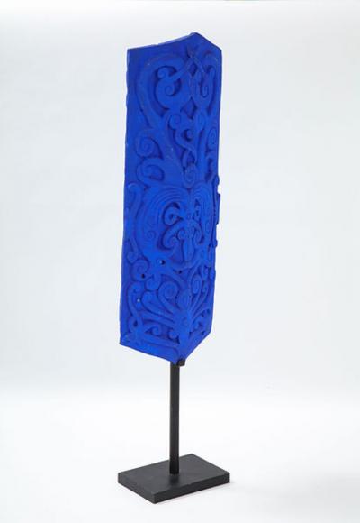 KLEIN BLUE PAINTED DAYAK TRIBE SCULPTED SHIELD ON STAND