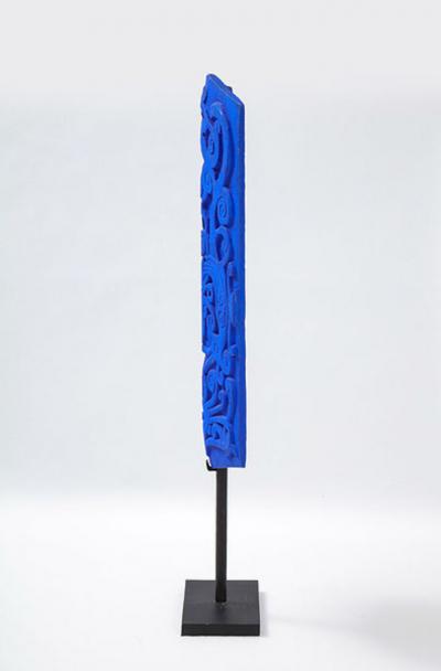 KLEIN BLUE PAINTED DAYAK TRIBE SCULPTED SHIELD ON STAND