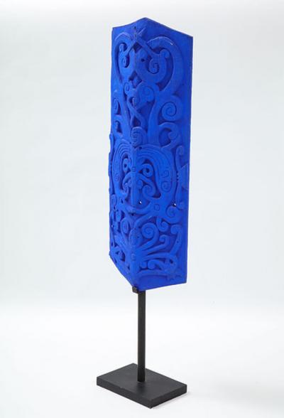 KLEIN BLUE PAINTED DAYAK TRIBE SCULPTED SHIELD ON STAND