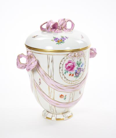 KPM Porcelain Covered Centerpiece Vase Ribbon Decoration Germany Circa 1960