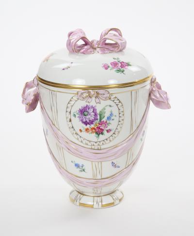KPM Porcelain Covered Centerpiece Vase Ribbon Decoration Germany Circa 1960