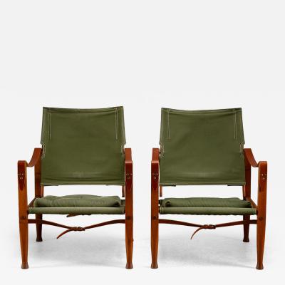 Kaare Klint Pair of Kaare Klint Safari Chair Sage Green Canvas Denmark 1960s