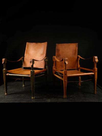 Kaare Klint Two vintage Danish Safari chair in tan leather by Kaare Klint for Rud Rasmussen