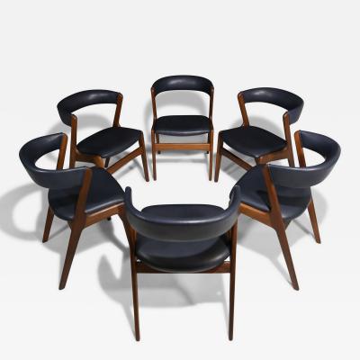 Kai Kristiansen Six Mid century Curved Back Dining Chairs in Navy Leather