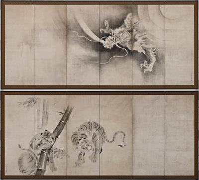 Kaiho Yusetsu 17th Century Japanese Screen Pair Tiger Dragon by Kaiho Yusetsu